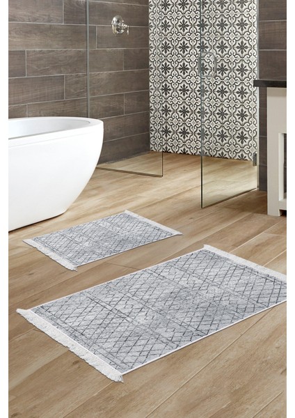 Dijital 2'li Banyo Paspas Takımı Trend Keçe Kaymaz Taban Saçaklı Iskandinav Nydia Lacivert