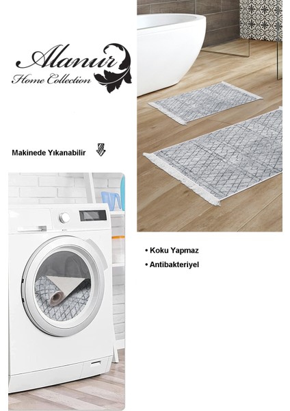 Dijital 2'li Banyo Paspas Takımı Trend Keçe Kaymaz Taban Saçaklı Iskandinav Nydia Lacivert modelleri