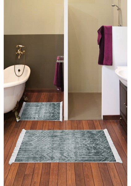 Dijital 2'li Banyo Paspas Takımı Trend Keçe Kaymaz Taban Saçaklı Iskandinav Mel Yeşil