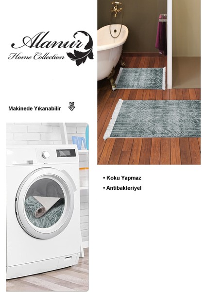 Dijital 2'li Banyo Paspas Takımı Trend Keçe Kaymaz Taban Saçaklı Iskandinav Mel Yeşil modelleri