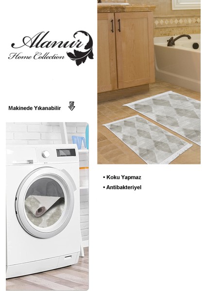 Dijital 2'li Banyo Paspas Takımı Trend Keçe Kaymaz Taban Saçaklı Iskandinav Amaris Bej