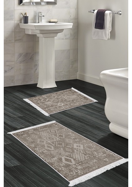 Dijital 2'li Banyo Paspas Takımı Trend Keçe Kaymaz Taban Saçaklı Iskandinav Lorene Kahve