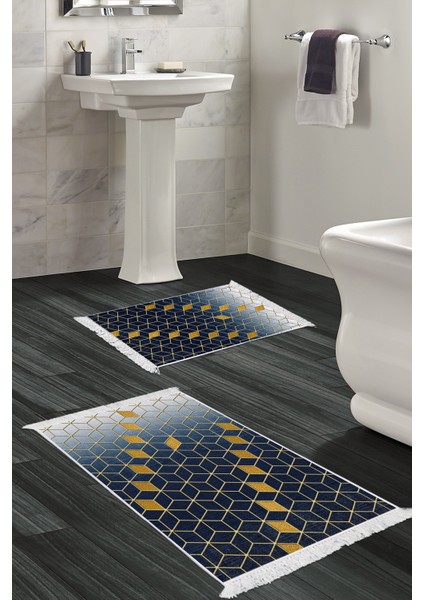 Dijital 2'li Banyo Paspas Takımı Yıldız Deri Kaymaz Taban Saçaklı Modern Daire Lacivert