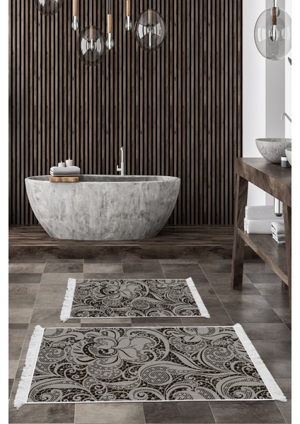 Dijital 2'li Banyo Paspas Takımı Trend Keçe Kaymaz Taban Saçaklı Modern Cedrica Bej