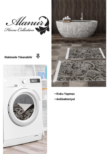 Dijital 2'li Banyo Paspas Takımı Trend Keçe Kaymaz Taban Saçaklı Modern Cedrica Bej
