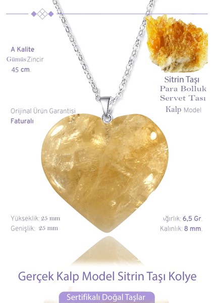 Sertifikalı Gerçek Kalp Model Sitrin Taşı Kolye (Bereket Taşı)