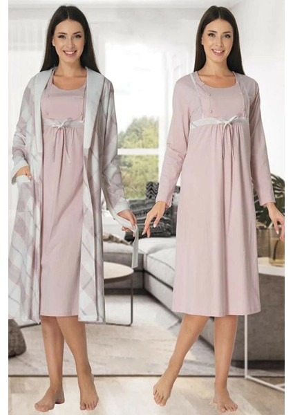 Lohusa Sabahlıklı Gecelik Takımı Pembe - 8085