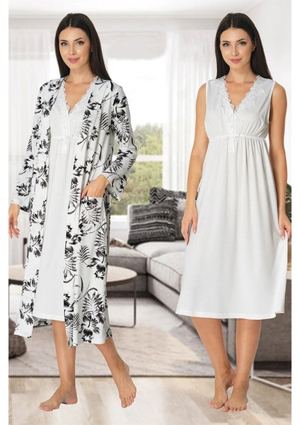 Lohusa Sabahlıklı Gecelik Takımı Ekru - 8035