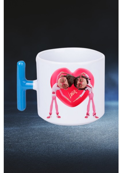 Mutlu Çiftler Love Kalp Baskılı Hediye T Saplı Kupa Bardak Porselen Çay Kahve Fincanı