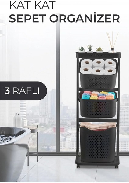 Tekerlekli Geniş Raf 4 Katlı Banyo Rafı Çamaşır Sepeti
