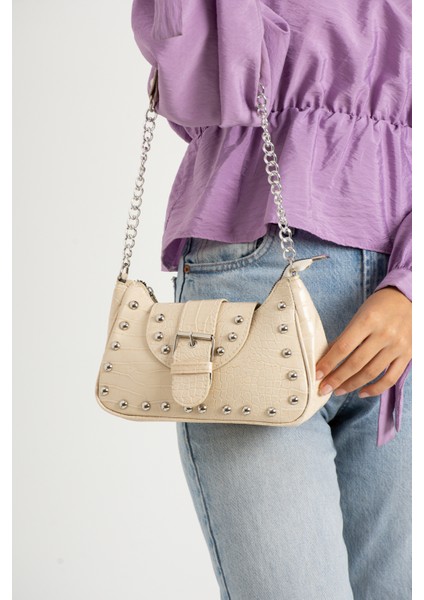 Bony Zımbalı Timsah Desenli Siyah Kol Çantası