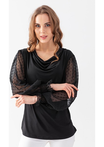 Kadın Siyah Degaje Yaka Kolları Tüllü Jarse Bluz