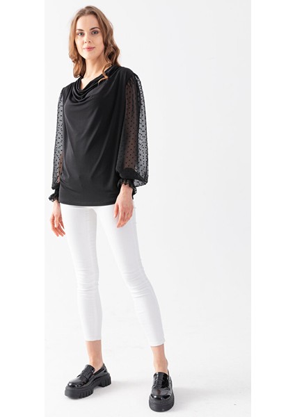 Kadın Siyah Degaje Yaka Kolları Tüllü Jarse Bluz fiyatları