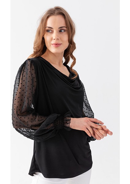 Kadın Siyah Degaje Yaka Kolları Tüllü Jarse Bluz modelleri