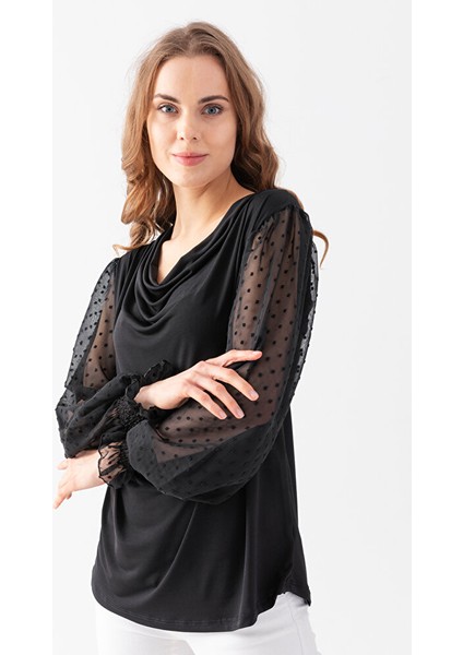 Kadın Siyah Degaje Yaka Kolları Tüllü Jarse Bluz fırsatları