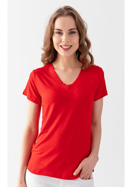 Kadın Kırmızı V Yaka Viskon Penye Tişört