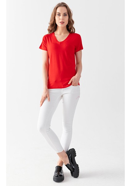 Kadın Kırmızı V Yaka Viskon Penye Tişört fiyatları