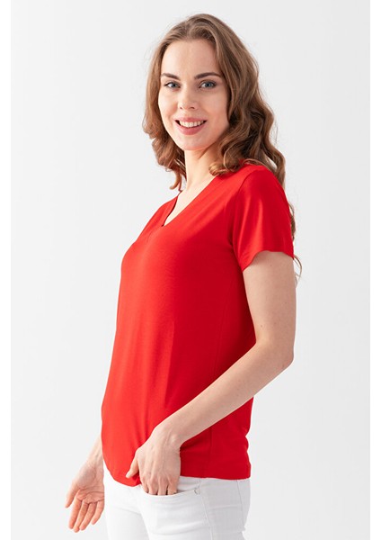 Kadın Kırmızı V Yaka Viskon Penye Tişört modelleri