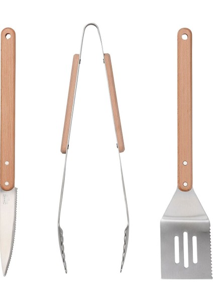 Grılltıder Barbekü Seti 3 Parça Barbekü Gereçleri Paslanmaz Çelik-Kayın
