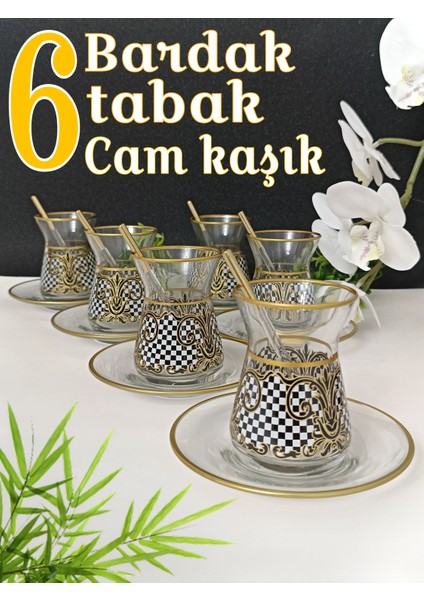 Cam Altın Siyah Beyaz Kare Desenli 6 Kişilk Çay Seti 6 adet cam kaşık hediyeli