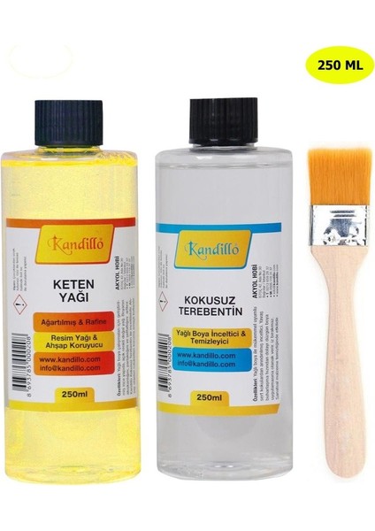 Yağlı Boya Seti Yardımcı Malzemeler 2 x 250 ml Terebentin Resim Keten Yağı + Fırça