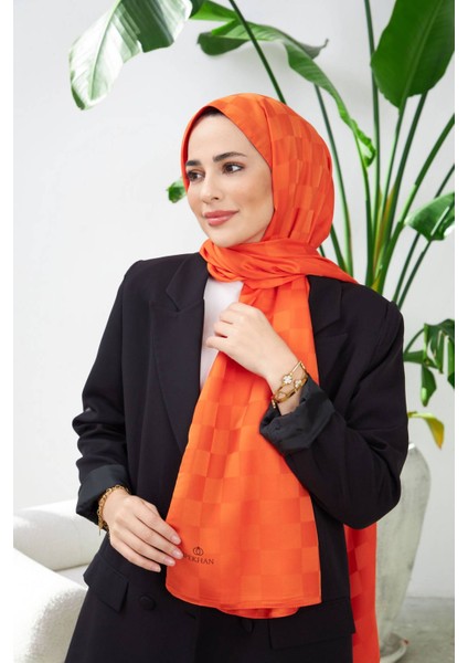 Yeni Dama Desen Ipeksi Jakar Şal Turuncu 9007-13