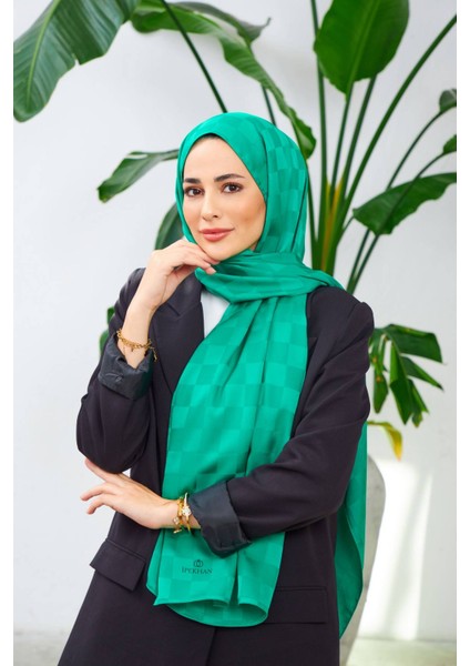 Yeni Dama Desen Ipeksi Jakar Şal Benetton Yeşil 9007-23