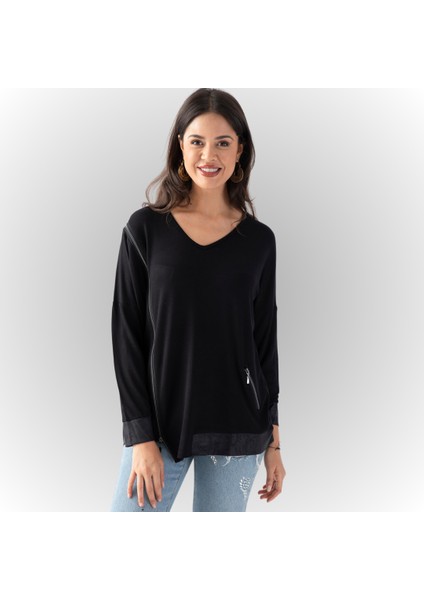 Kadın Siyah Yanı Fermuarlı Suni Deri Detaylı Bluz