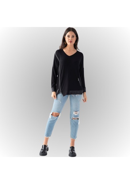 Kadın Siyah Yanı Fermuarlı Suni Deri Detaylı Bluz fiyatları