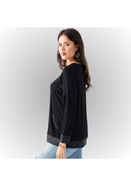 Kadın Siyah Yanı Fermuarlı Suni Deri Detaylı Bluz modelleri