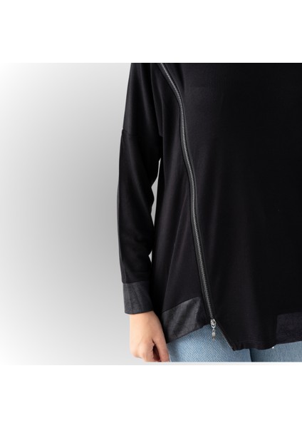 Kadın Siyah Yanı Fermuarlı Suni Deri Detaylı Bluz fırsatları