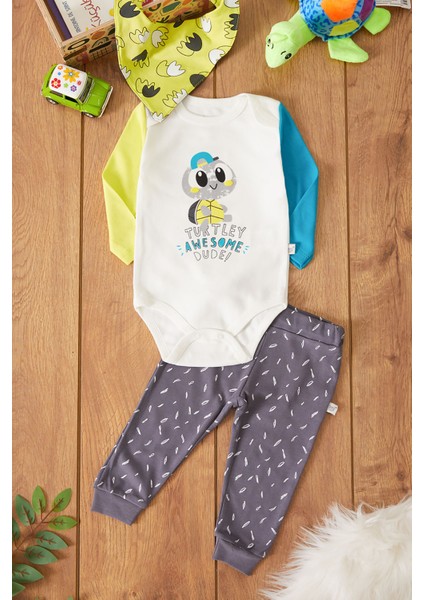Kaplumbağa Baskılı Çıtçıtlı Badili Önlüklü Erkek Bebek 3lü Takım 17514