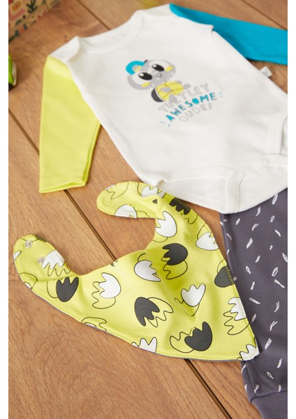 Kaplumbağa Baskılı Çıtçıtlı Badili Önlüklü Erkek Bebek 3lü Takım 17514