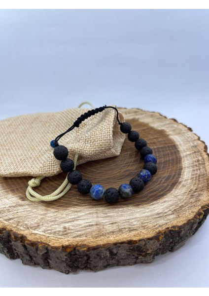 El Yapımı Gerçek Doğal Taş Bileklik Lav Taşı ve Lapis Lazuli Taşı Tasarım Doğal Taş Makrome Bileklik