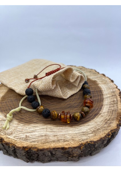 El Yapımı Gerçek Doğal Taş Bileklik Lav Taşı Kaplan Gözü ve Kehribar Doğal Taş Makrome Bileklik