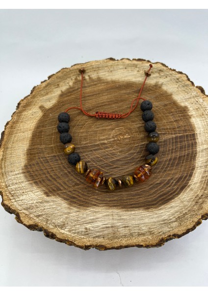 El Yapımı Gerçek Doğal Taş Bileklik Lav Taşı Kaplan Gözü ve Kehribar Doğal Taş Makrome Bileklik modelleri