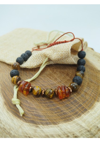 El Yapımı Gerçek Doğal Taş Bileklik Lav Taşı Kaplan Gözü ve Kehribar Doğal Taş Makrome Bileklik fırsatları