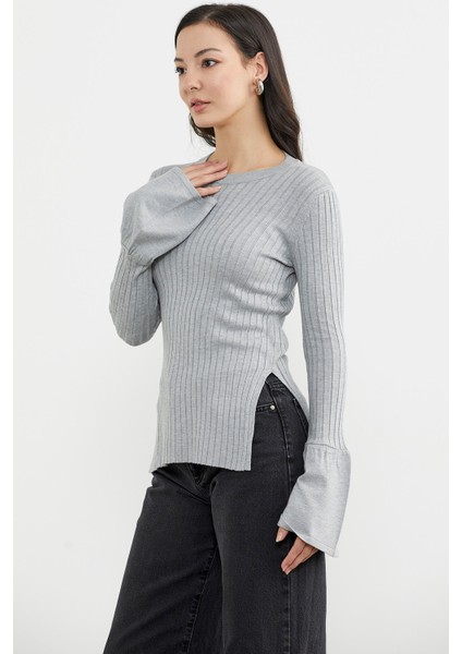 Kol Detaylı Derbili Triko Kazak - Gri fırsatları