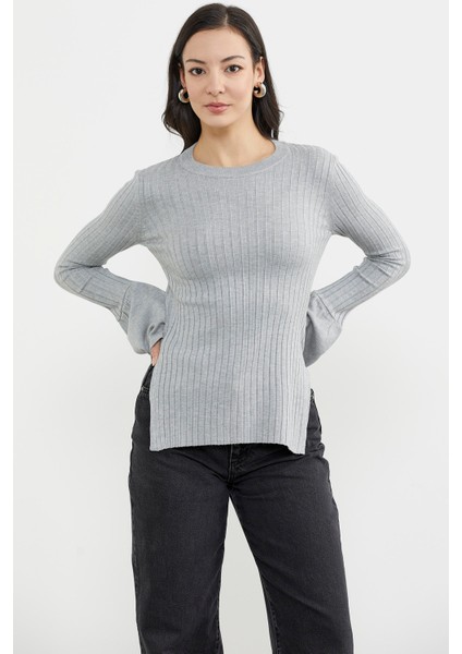 Kol Detaylı Derbili Triko Kazak - Gri indirimleri