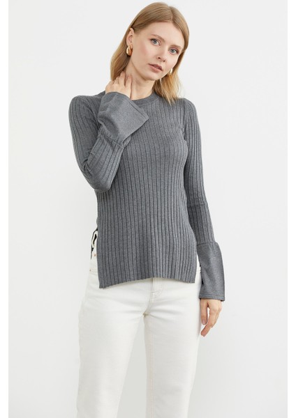 Kol Detaylı Derbili Triko Kazak - Koyu Gri fiyatları