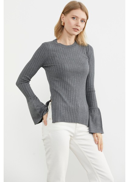 Kol Detaylı Derbili Triko Kazak - Koyu Gri modelleri