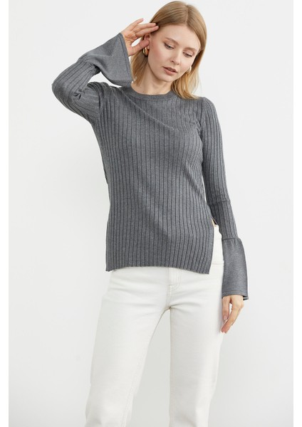 Kol Detaylı Derbili Triko Kazak - Koyu Gri fırsatları