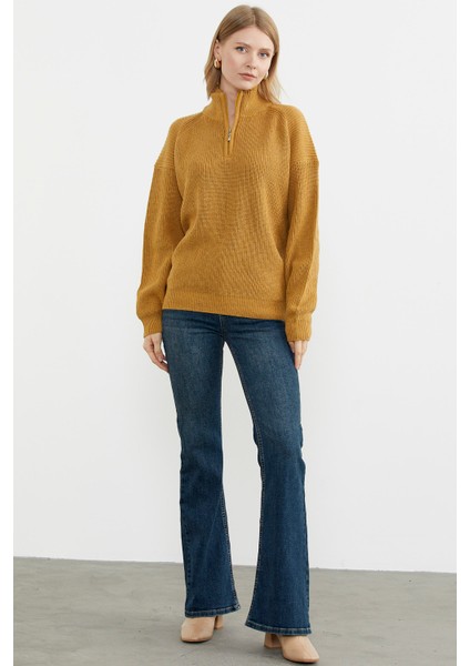 Yarım Balıkçı Yaka Fermuarlı Triko Kazak - Güneş