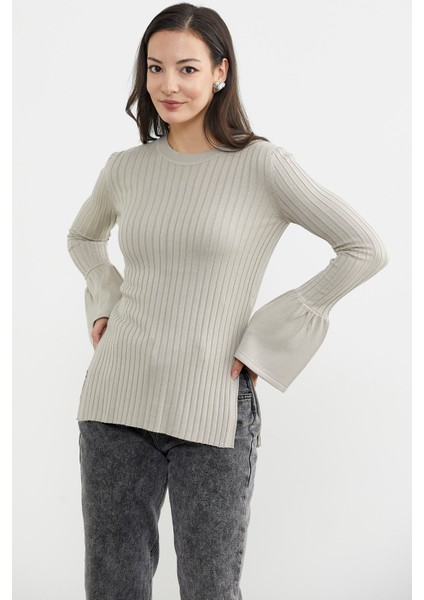 Kol Detaylı Derbili Triko Kazak - Vizon fırsatları