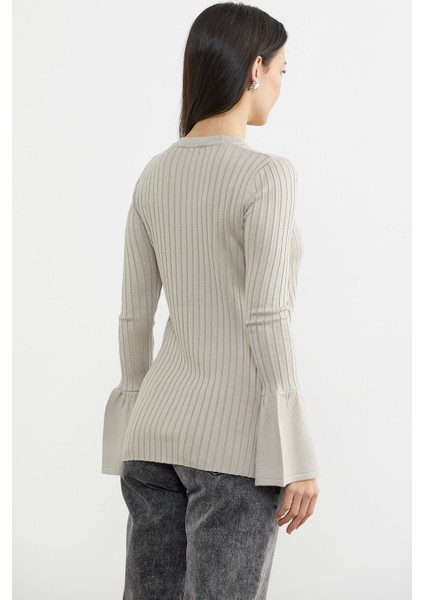 Kol Detaylı Derbili Triko Kazak - Vizon indirimleri