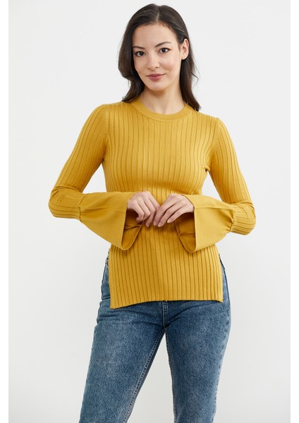 Kol Detaylı Derbili Triko Kazak - Hardal