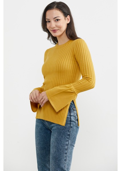Kol Detaylı Derbili Triko Kazak - Hardal fırsatları