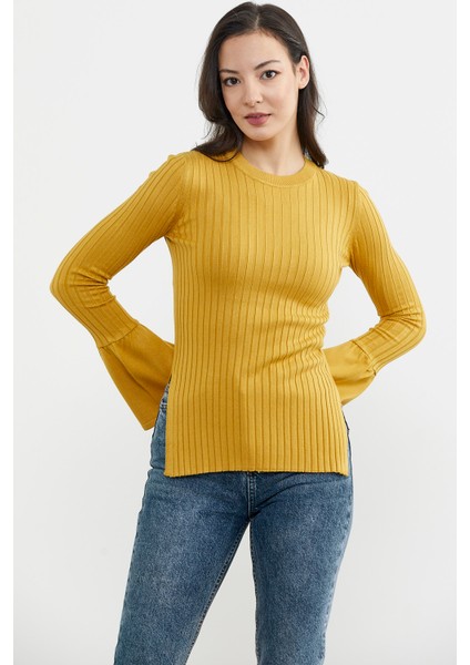 Kol Detaylı Derbili Triko Kazak - Hardal indirimleri