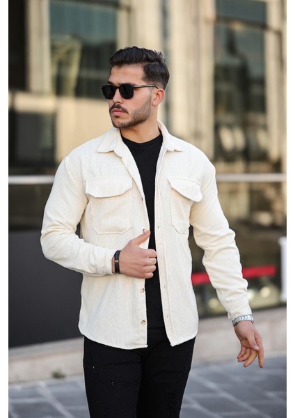 Premium Çift Cepli Kadife Gömlek - Ekru