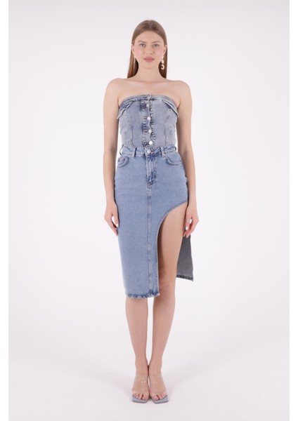 Önü Yırtmaç Detaylı ve Cepli Astarsız Orta Boylu Normal Belli Kot Kadın Etek Orta Mavi Denim